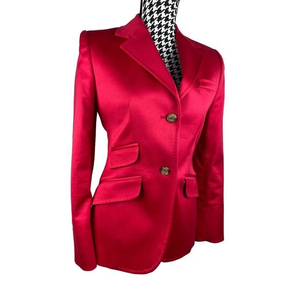 The Extreme Collection British Chic Size 38 Red Satin 2 Button Blazer - Picture 1 of 10